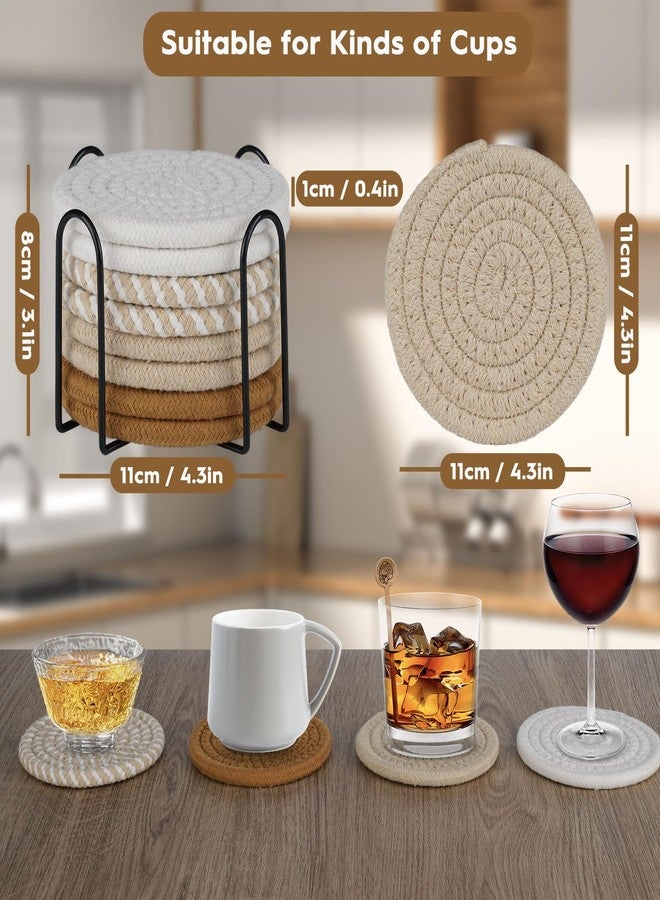 Adorever 8 Pcs Drink Coasters with Holder, Boho Minimalist Cotton Woven Coasters Set for Drinks Absorbent Coffee Table Home Decor Bar Tabletop Protection, Suitable for Kinds of Cups 4.3 Inch - Image 2
